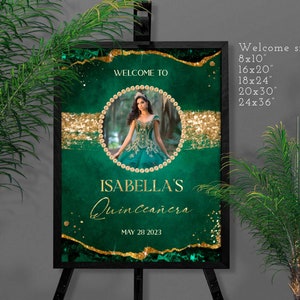 Emerald Green Quinceanera Welcome Sign: Gold Banner (Editable Corjl)