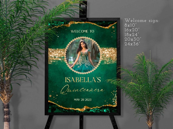 Emerald Green Quinceanera Welcome Sign: Gold Banner (Editable Corjl)