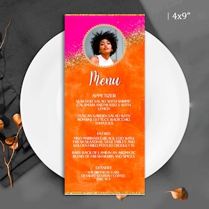 Orange and Pink Menu, Birthday Dinner Menu, Adult Party Menu Template Printable with photo Menu card Digital Download Corjl T118 ANY AGE