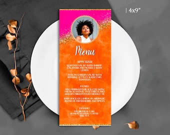 Orange Pink Gold Birthday Dinner Menu Card T118 (Editable Canva Template)