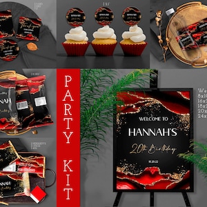 Black Red and Gold Birthday Party Bundle decorations for Her or Him Red Black Printable favors Download Editable Template Corjl T108 ANY AGE