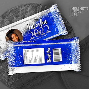Editable Royal blue and Silver Candy Bar Graduation Party Decorations Chocolate wrapper grad 2025 with picture template Corjl