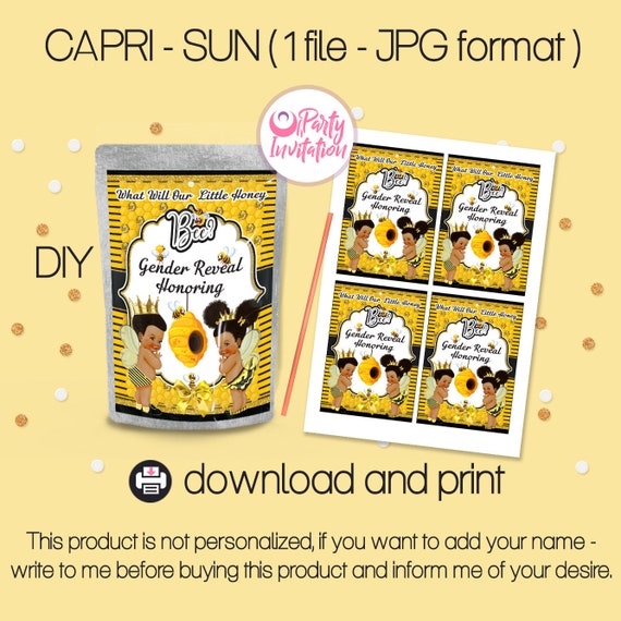 Bee Gender Reveal Honey Bee Capri Sun Instant Download Party Favor Printable Curly African American Gold Boy Or Girl Decoration By Ohpartyinvitation Catch My Party catch my party