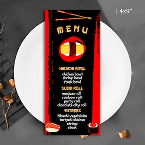 Hibachi Menu Template Birthday Japanese Dinner Menu Card, Hibachi Sushi Shower, Hibachi Party decorations Printable Editable Corjl