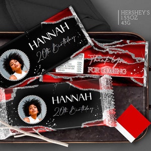 Red, Black, Silver Candy Bar, Chocolate Wrapper Birthday Party Decoration T108 (Editable Canva Template)