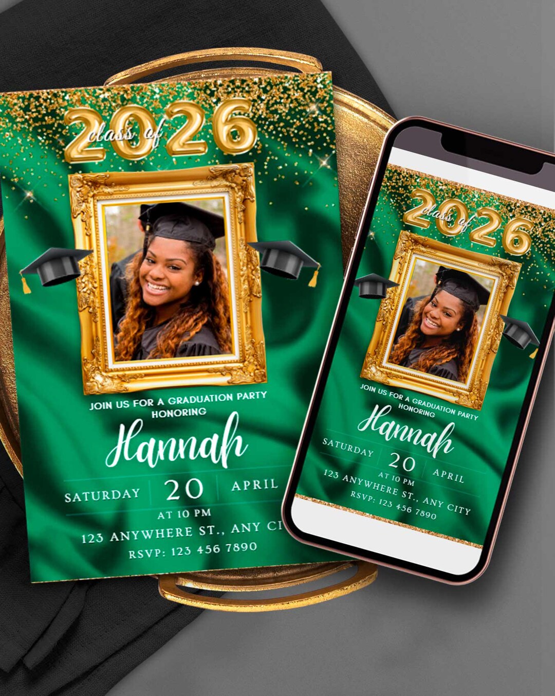 Editable Graduation Invitation With Picture Green Gold Canva Template ...