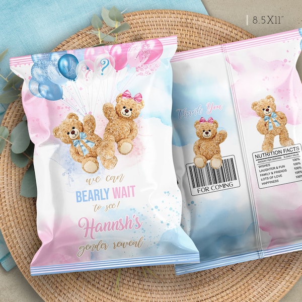 Editable We Can Bear Wait Chip bag Teddy Bear Gender reveal party decorations he or she decor favor Download Corjl