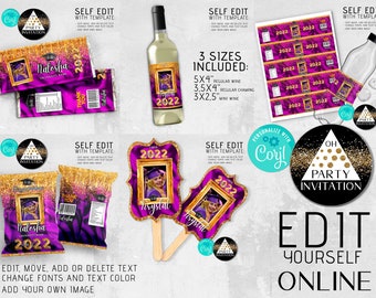 Editable Graduation Purple Gold party favors 2024 with photo Candy bar, chip bag, fans, wine label, water bottle label favors Corjl ANY YEAR