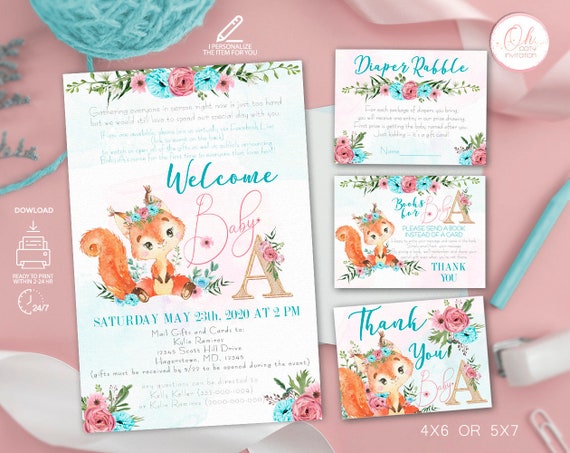 Squirrel baby shower invitation girl new printable digital Download + cards Il_570xn