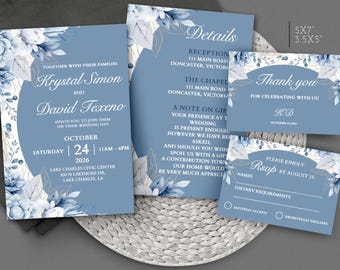 Floral Dusty Blue Wedding Invitation Suite: Digital Download TW102 (Editable Canva Template)