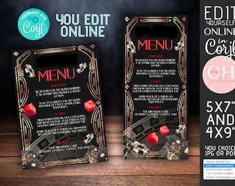 Editable Casino birthday party Menu template, Red Black vegas party supply 40th 50th 60th birthday adult download Corjl 5x7" and 4x9"