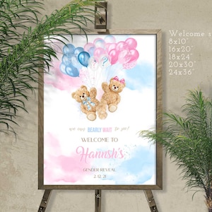 Teddy Bear Gender Reveal Welcome Sign: Pink & Blue Balloons (Digital Download)