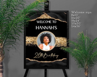 Glam Modern Black Gold Welcome sign birthday decor favor party supplies Any AGE decoration printable digital instant download Corjl