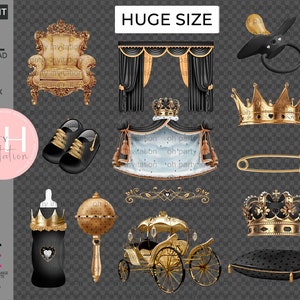 Black Gold Baby Shower Prince Stroller clipart African American Baby Boy set scrapbook Crown King Clipart Instant Download carriage