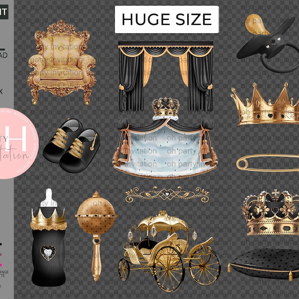 Prince Baby Shower Clipart: Black & Gold Crown, Stroller (Instant Download)