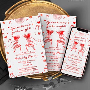 Galentine's Day Invite, Editable Valentine's Party Invitation Template, Galentine Girls Night Hand Drawn Coquette Invite Digital CORJL