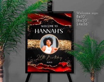 Red Black Gold Welcome Sign with Photo Birthday Dinner Party Printable T108G ( Editable Canva Template)