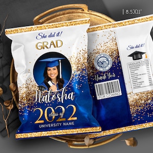 Graduation Chip Bag Template: Blue, White, and Gold Glitter (Editable on Corjl)