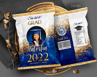 DIY Graduation Blue White Gold glitter Chip bag template Party decorations with pic Senior 2024 favors Editable on Corjl