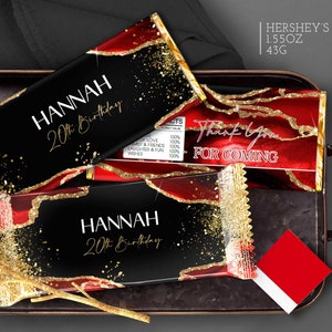 Black Red Gold Candy Bar Wrappers: Dinner Birthday Party Favors T108G (Editable Canva Template)