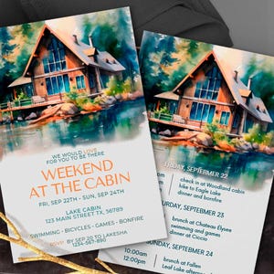 Cabin Invitation: Weekend In The Woods, Camping Party (Editable Canva Template)