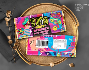 90s party favors Candy bar Wrapper: Pink Purple Yellow Black boombox birthday decoration (Editable Canva Template)
