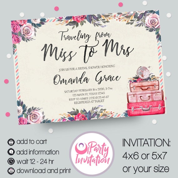 Traveling from Miss to Mrs Bridal Shower Invitation Travel Bridal shower Floral Adventure invite Download Printable Il_570xn