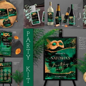 Emerald Green and Gold Masquerade ball decorations Birthday party for Her or Him Printable Instant Download Editable Template Corjl