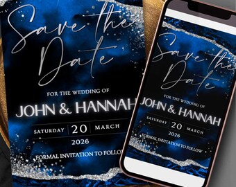 Blue black Silver Save the Date Card Template (Editable Canva Template Download)
