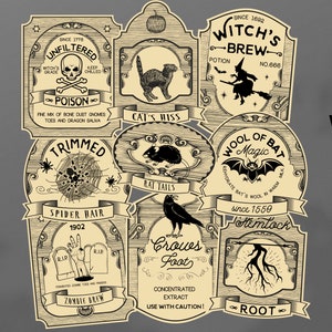 Vintage Apothecary Labels, Potion Bottle Labels, Vintage Wizard’s Label printable Halloween Decor party supply PNG or PDF Digital Download