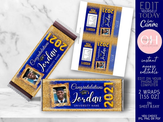Editable Graduation candy bar with photo Hershey royal blue gold, Graduation party decorations chocolate wrapper boy girl favors 2021 CANVA Il_570xn
