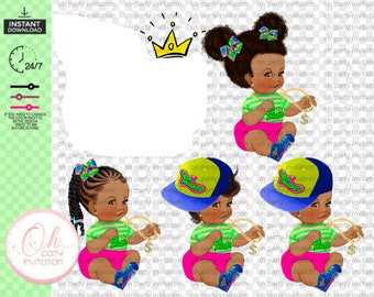 Hip Hop Fresh Girl Baby princess Puffs Afro Pink Blue Yellow & Green pricess Stripes Cap Sneakers Gold chain png Fresh logo Baby Shower file