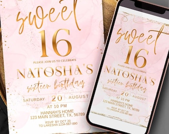 May include: Pink and gold Sweet 16 birthday invitation. The invitation features the text "Sweet 16" in gold script, along with the name "Natosha's" and event details. A smartphone displays the same invitation design.