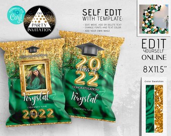 Editable Green Graduation Chip bag with photo boy or girl Senior Graduation decorations class of 2025 party favors printable Corjl ANY YEAR