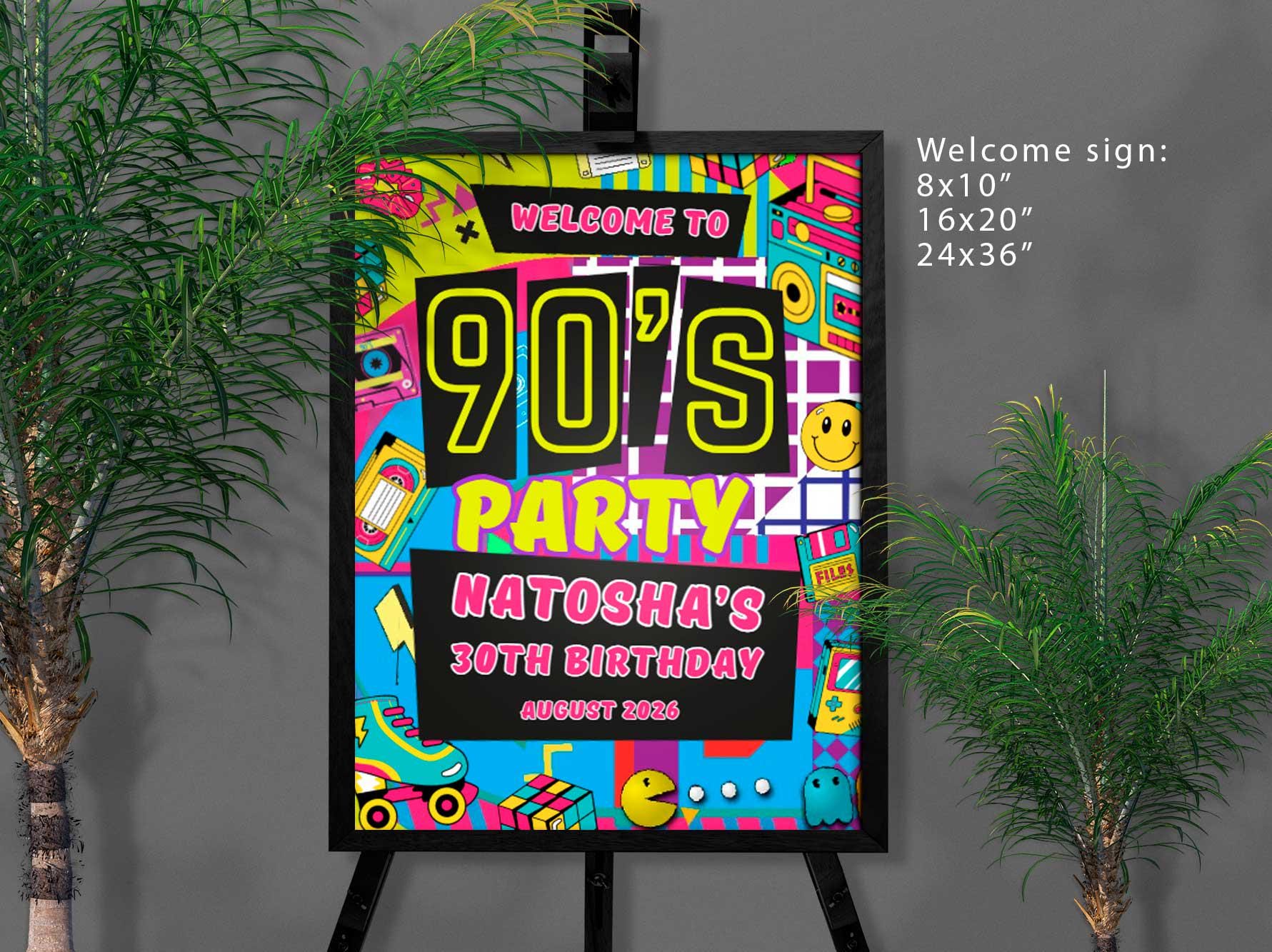 90s Party Welcome Sign: Pink Purple Yellow Black Boombox Birthday ...