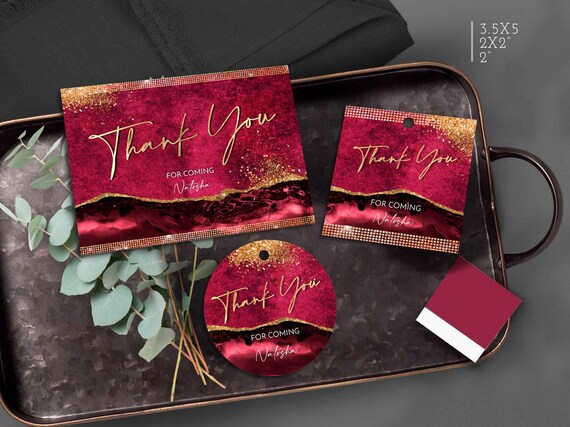 DIY 30th Birthday Thank you tags Burgundy Gold Women Party decoration for Her Thank you card, stickers Digital Download Editable Corjl T108 Il_570xn
