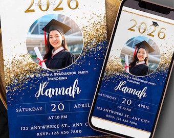 Editable Blue White Gold Graduation Invitation Printable ( Canva Template)