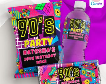 DIY 90s Theme Party Bundle: Water bottle label, Chip bag, Candy bar wrapper printable (Editable Canva Template)