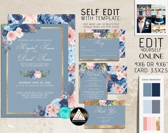 Floral Wedding Invitation Dusty Blue Navy Blue Rose Blush Pink Gold invite Editable Template, INSTANT DOWNLOAD Corjl