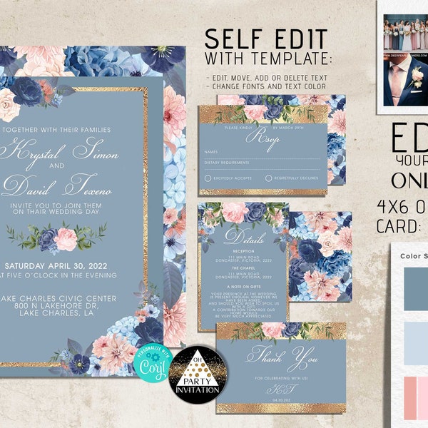 Floral Wedding Invitation Dusty Blue Navy Blue Rose Blush Pink Gold invite Editable Template, INSTANT DOWNLOAD Corjl