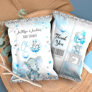 Editable Boy Baby shower Elephant Chip bag digital decorations Party Printable Treats decor Blue Silver favors INSTANT DOWNLOAD Corjl E100