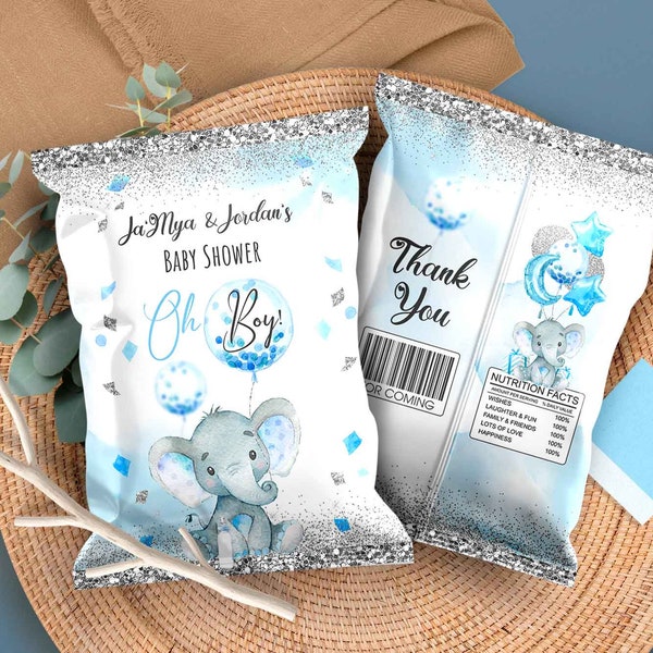 Editable Boy Baby shower Elephant Chip bag digital decorations Party Printable Treats decor Blue Silver favors INSTANT DOWNLOAD Corjl E100