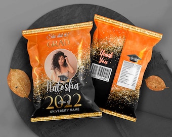 Graduation Chip Bag Wrapper: Orange Black Gold Class of 2026 (Editable Canva Template)