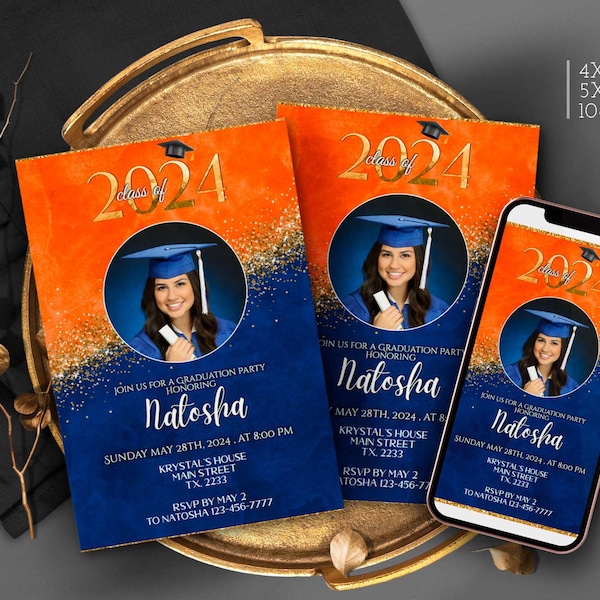 Editable Graduation Orange Blue Party Invitation 2024 with pic Senior 2024 invites Blue and Orange evite with photo ANY YEAR Corjl