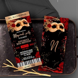 Masquerade party Ticket Black and Red Rose birthday invite Printable template Digital Download Corjl Editable ANY AGE