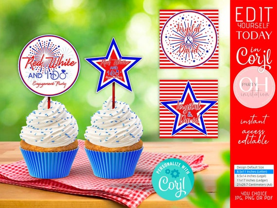 Editable Red White I do cupcake toppers, 4th of July bachelorette party decorations Engagement party supplies download Printable Corjl Il_570xn