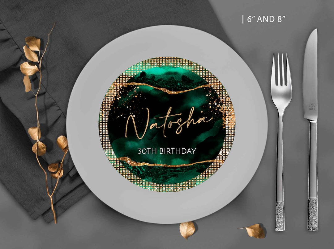 DIY Emerald Green and Gold Charger Plate Inserts 30th Birthday Party