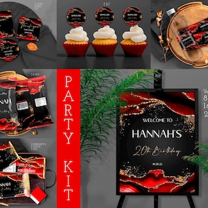 Red Black Gold Birthday Party Bundle: Chip bag, Candy bar, Sign, Bottle label, Thank you, Cupcake T108G (Editable Canva Template)