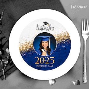 Editable Charger Plate Insert Graduation Blue White Gold Party deco 2025 Senior party favors 2025 favors Corjl