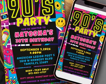 90s theme party birthday invitation: Pink Purple Yellow Black RNB Boombox invite (Editable Canva Template)